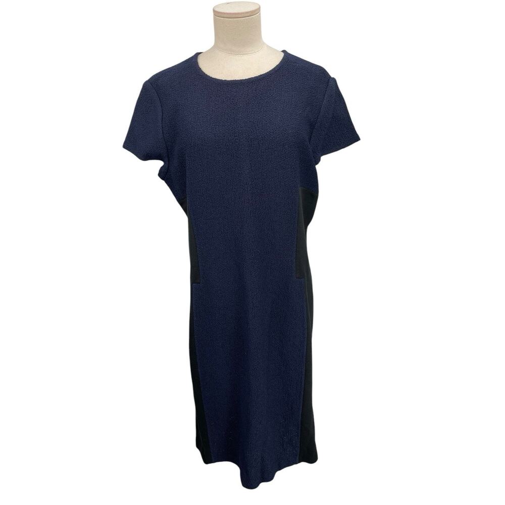 St John Dress Blue Black Panel Wool Blend Cap Sleeve Size 12